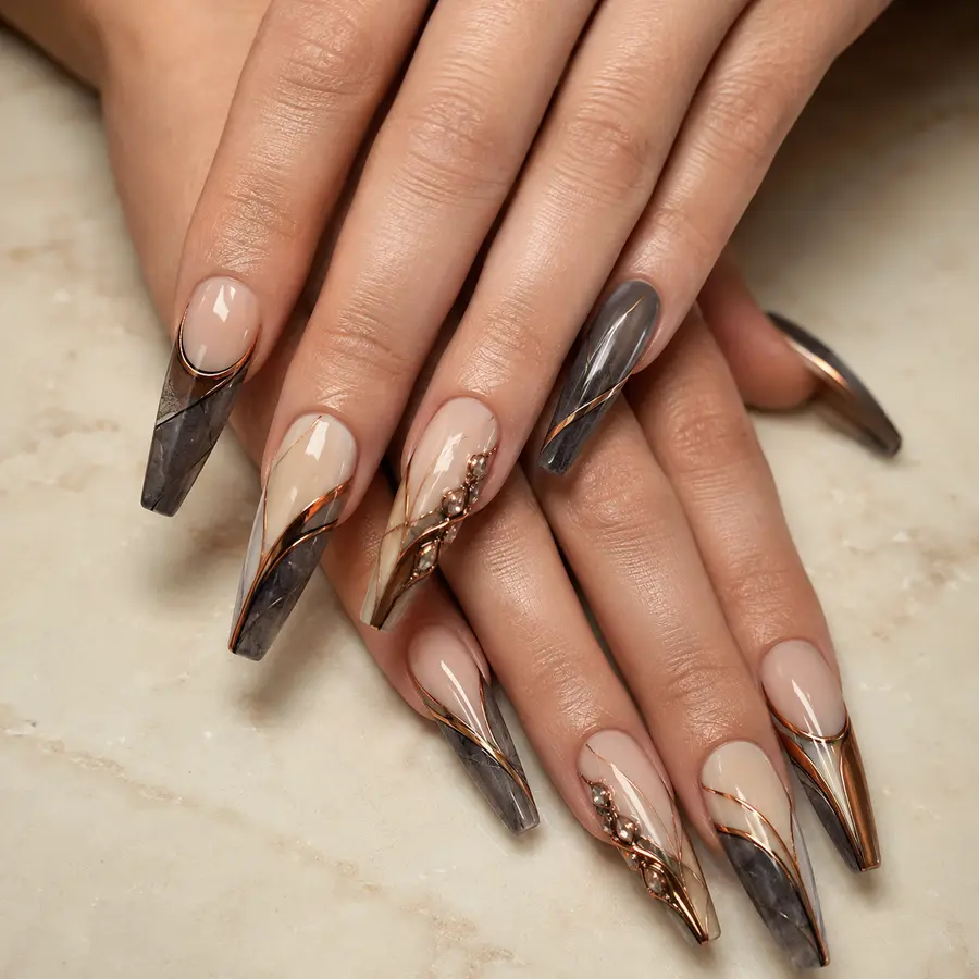 Intricate graphite, ivory and copper sculpted acrylic nail design